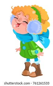 Let it snow. Kid cute girl in blue scarf eating snowflakes vector isolated clip art