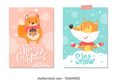 Let it snow and merry christmas, set of cards representing squirrel holding big acorn and fox catching snowflakes isolated on vector illustration