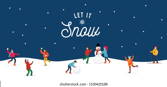 Let it snow people doing winter activities and having fun banner vector illustration. Cute and happy folk making snowman, playing snowballs and skiing. Happy holidays concept