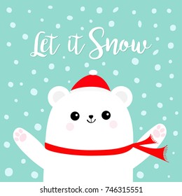 Let it snow. Polar white bear cub wearing red Santa Claus hat scarf. Head face, paw print. Cute cartoon smiling baby character. Arctic animal collection Flat design Winter background Snow flake Vector