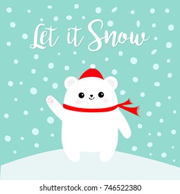 Let it snow. Polar white bear cub waving hand paw print. Red Santa Claus hat and scarf. Cute cartoon baby character. Snowdrift. Arctic animal. Flat design. Winter snow flake background. Vector