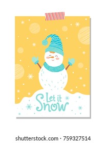 Let it snow postcard with smiling snowman in blue knitted scarf, hat and mittens vector with winter creature in snowflakes greeting card design