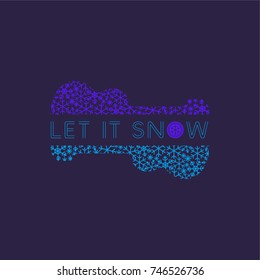 Let it snow. Poster with doodle acoustic guitar silhouette. Vintage music icon. Musical instrument logo from snowflakes. Template for winter season holiday event greeting card. Vector illustration