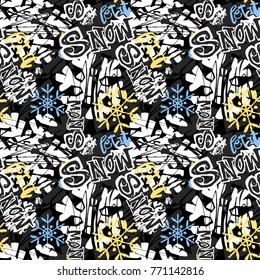Let it snow, seamless winter hand craft expressive ink pattern.Funky painted style texture, poster with different doodles for textile,wrapping, decoration  