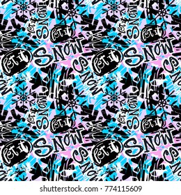 Let it snow, seamless winter hand craft expressive ink pattern.Funky painted style texture, poster with different doodles for textile,wrapping, decoration  