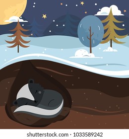 Let it snow. skunk sleeping in the hole.