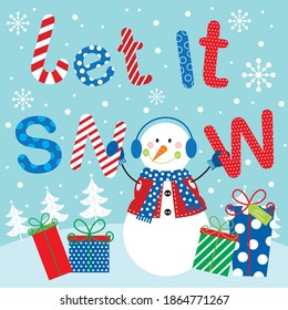 Let it snow, snowman for greeting card, christmas gift bag or box design