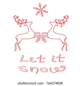 Let it Snow Text. Happy New Year Text with Two Deers. Vector Illustration