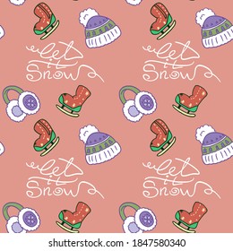 Let it snow text on pink backdrop. Christmas seamless pattern for wallpaper, wrap paper, sleeper, bath tile, apparel or bed linen. Phone case or cloth print. Doodle style stock vector illustration