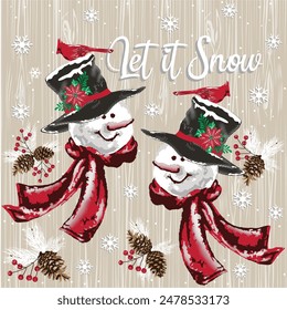 Let it Snow wallpaper background snowman with cardinal birds