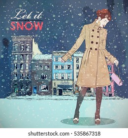 Let it snow. Winter fashion illustration. Pretty girl on a city background. Watercolor style.