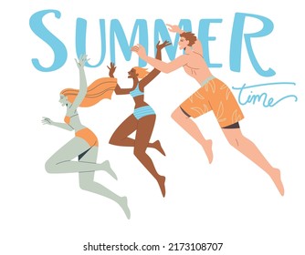 

Let the summer begin. Group of friends jumping into the water with happiness on white background. Vector design illustration.