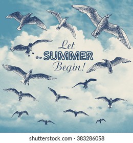 Let the summer begin! poster with seagulls, vector illustration