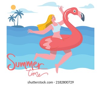 Let the summer begin. Young woman ride on inflatable flamingo in the sea, Having fun and refreshing on a hot summer day. Vector design illustration.