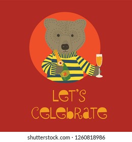 Let us celebrate baby shower vector Illustration with bear holding champagne bottle and flute. Invitation for baby party celebration. Meet the newborn. Animal illustration. Card design red.