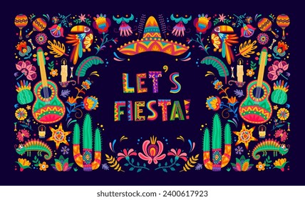 Lasst uns fiesta mexicanischen Banner der mexikanischen Feiertage. Vektormuster von hellen Blumen, Sombrero, Gitarren und Maracas, Kakteen, Pinata, Kerzen und Toucan-Vögel, tropischen Pflanzenblättern und Gecko-Eidechsen