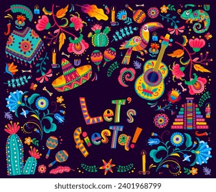 Let us fiesta Mexican banner with sombrero, maracas and poncho in tropical flowers ornament, vector background. Mexican holiday or fiesta party poster with Aztec pyramid, toucan bird and chili peppers