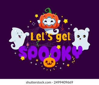 Vamos a ser espeluznantes, cita de vacaciones de Halloween. Anuncio de Vector con fantasmas kawaii de dibujos animados volando alrededor de la tipografía con letras coloridas y telaraña enredada. Fondo de Halloween con lindos fantasmas adorables