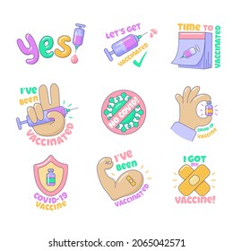 Let us get vaccinated, no Covid icons set. Stop coronavirus pandemic and outbreak by getting shot. Time to vaccinate cute stickers cartoon vector illustration