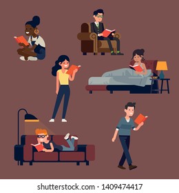 Let of vector flat style illustrations on book lovers with various people reading books in different poses and situations. People reading while standing, sitting and lying