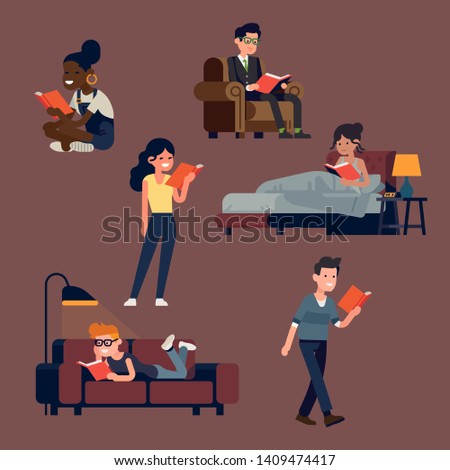 Let of vector flat style illustrations on book lovers with various people reading books in different poses and situations. People reading while standing, sitting and lying