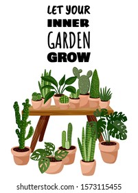 Let your inner garden grow postcard. Potted succulent plants in hygge interior flyer. Cozy lagom style poster