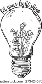 Deja que tu luz brille Mateo 5 16 Lirio del Valle en Bombilla Mayo Nacimiento Flor Christian Line Art