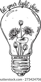 Let Your Light Shine Matthew 5 16 Water Lily Flower in Light Bulb July Birth Flower Christian Line Art