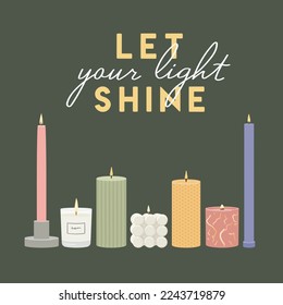 Deja que tu luz brille la cita. Ilustración de velas ardientes perfumadas con letras. Impresión decorativa de velas en casa. Ilustración vectorial de tracción manual