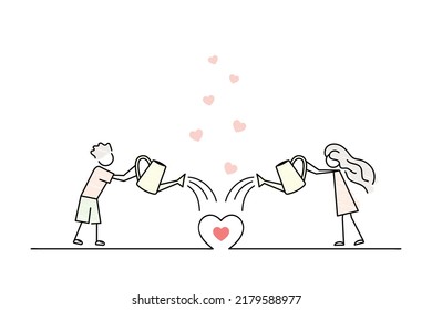 let your love grow tall, young couple watering a small heart, black line cartoon vector illustration, pencil drawing style