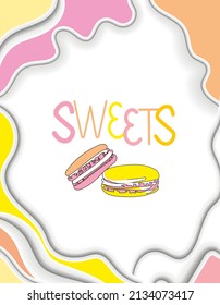 Derramando dulces sobre un fondo abstracto con formas de corte de papel. En colores vivos y deliciosos, con macarons en el centro. Adecuado para tiendas de dulces, embalaje, publicidad, menús de café.