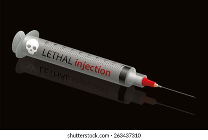 Lethal injection syringe with skull. Isolated vector illustration on black background.