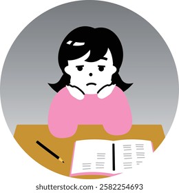 Lethargic girl: Illustration of a child or young person with a depressed expression and chin in hand, tired from studying for exams or doing homework
