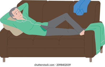 A lethargic senior man lying on the couch. Signs of frailty