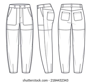 Lether Slouchy pants fashion flat technical drawing template.  Jeans Denim pants, Cargo pants, medium waist, owersize, balloon, pockets, women, men, unisex, front, side, back view, white, CAD mockup. 