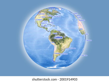 Leticia-Colombia is shown on vector globe map. The map shows Leticia-Colombia 's location in the world.