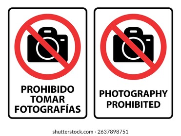 Letrero prohibido tomar fotografias y photography prohibited in vector format
