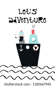 Let's adventure -  the captain on the ship at sea smokes a pipe. Cute kids paper cut vector illustration with hand drawn lettering.