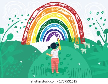 let's all be well. Cute little toddler girl with pencil painting and drawings a rainbow on the sky.  The Rainbow as a symbol of hope. Flat vector illustration in cartoon style