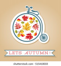 Lets Autumn card. Retro bicycle, colorful autumn leaves and banner with text. Fall holidays theme. Striped background. Poster template with shadow effects. Vector illustration.