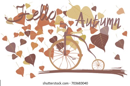 Lets Autumn card. Retro bicycle, colorful autumn leaves and banner with text. Fall holidays theme. Vector illustration.