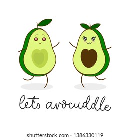 Let's avocuddle lettering card with kawaii avocado characters isolated on white background. Cute avocado hugs inspirational greeting card, print, poster etc. Vector kawaii food illustration