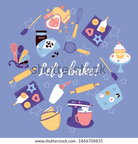 Lets bake template acrd with baking essentials in circle. Vector background for card, logo, post, sale. Homemade title for kitchen logo. Illustration
