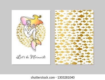 Let's be mermaids. Postcard from two sides. Gentle rainbow gradient and golden fish. Hand drawn illustration, inspiration quote about summer. Typography Design for print, poster, invitation, T-shirt. 