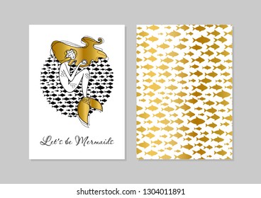 Let's be mermaids. Postcard from two sides. Golden fish.Hand drawn illustration, inspiration quote about summer. Typography Design for print, poster, invitation, T-shirt. Vector.