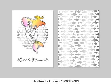 Let's be mermaids. Postcard from two sides. Gentle rainbow gradient and silver fish. Hand drawn illustration, inspiration quote about summer. Typography Design for print, poster, invitation, T-shirt.