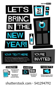 Let's Bring In The New Year! You're Invited (Flat Style Vector Illustration Party Poster Design) With Text Box Template Event Invitation with Venue, Time and Tickets Details