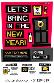 Let's Bring In The New Year! You're Invited (Flat Style Vector Illustration Party Poster Design) With Text Box Template Event Invitation with Venue, Time and Tickets Details