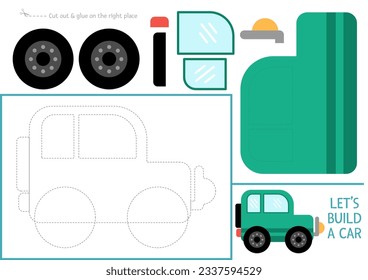 Lets build a car cut and glue activity. Transportation educational crafting game. Find missing parts. Vector transport printable page for kids with wheel, window, body. Complete the vehicle