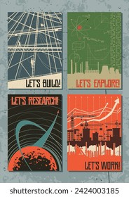 Let's build, explore, research and work! Retro Working and Scientific Propaganda Posters Style Illustration Set, Plants, Factories, Construction Sites, Power Plant, Space Launch